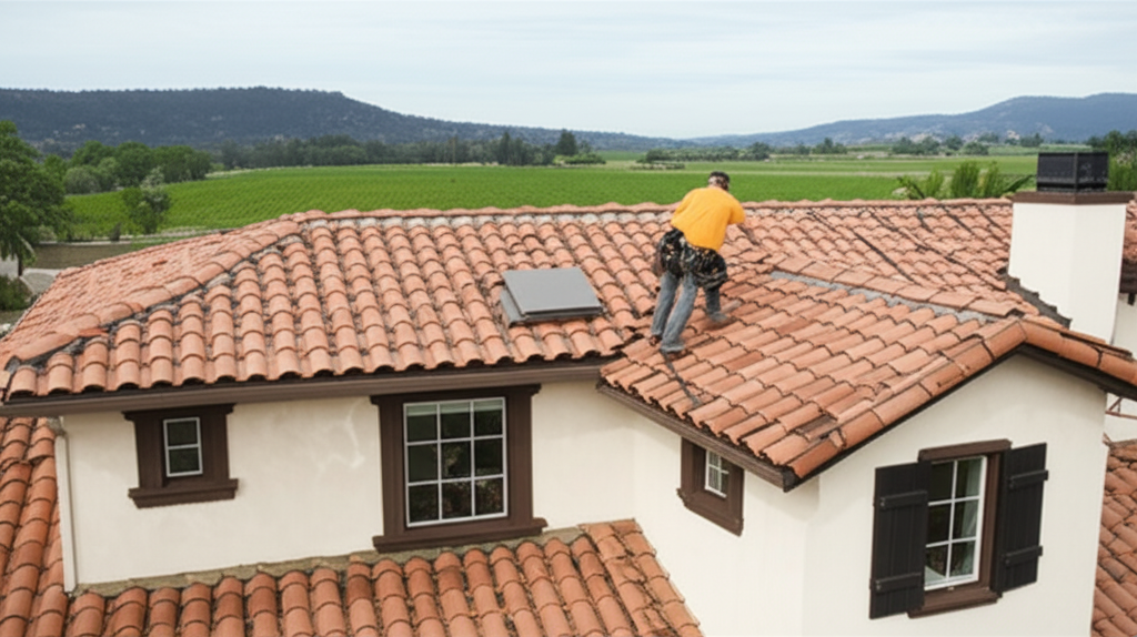 Roofer working on a residential roof in Napa, CA